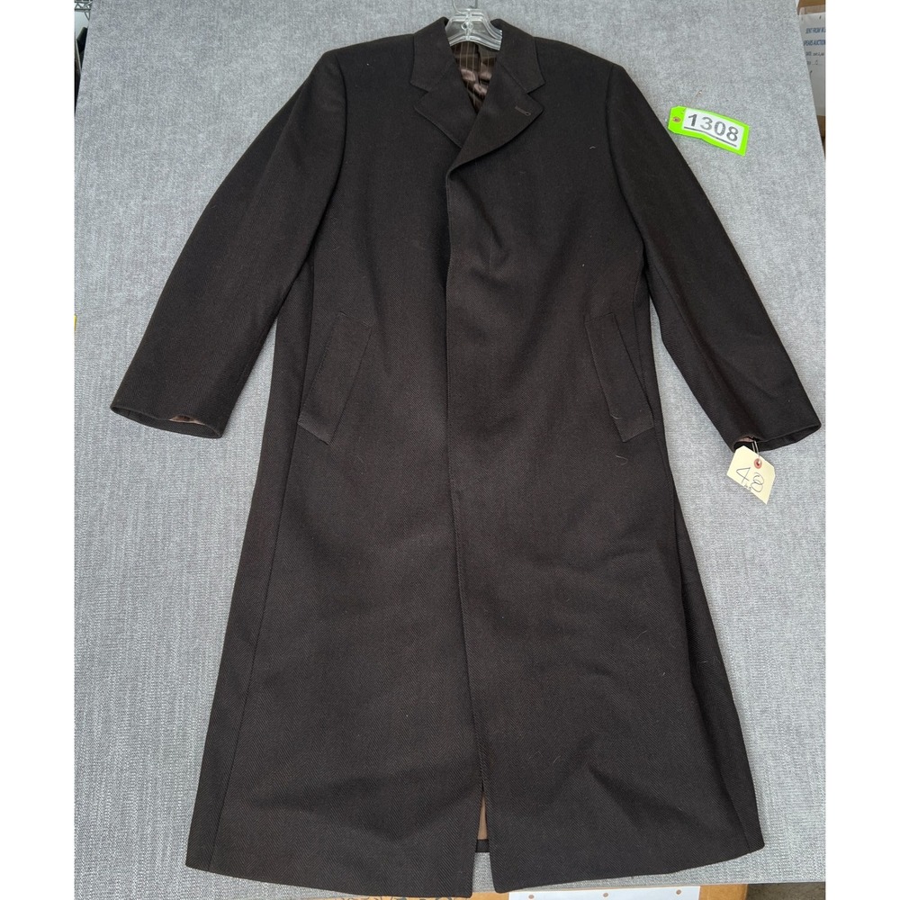 Mens Overcoat 48 Brown Herringbone Pure Virgin Wool Tailored Fit Business Formal